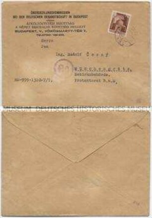 Briefumschlag der Übersiedlungskommission bei der Deutschen Gesandtschaft in Budapest