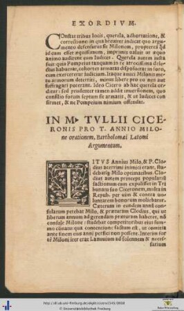 In Marci Tullii Ciceronis Pro Tito Annio Milone orationem Bartholomæi Latomi Argumentum