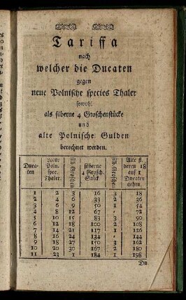 Tariffa nach welcher die Ducaten gegen neue Polnische species Thaler sowohl als silberne 4 Groschenstücke und alte Polnische Gulden berechnet werden.