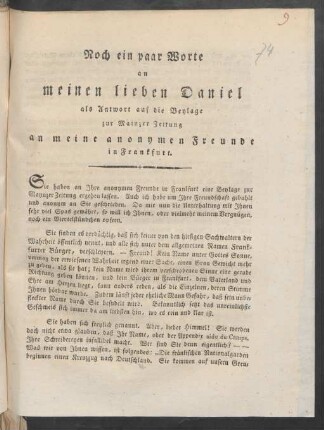 Noch ein paar Worte an meinen lieben Daniel als Antwort auf die Beylage zur Mainzer Zeitung an meine anonymen Freunde in Frankfurt