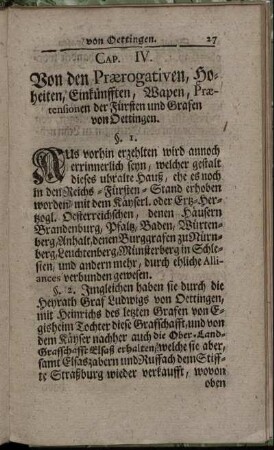 Cap. IV. Von den Prærogativen, Hoheiten, Einkünfften, Wapen, Prætensionen der Fürsten und Grafen von Oettingen.