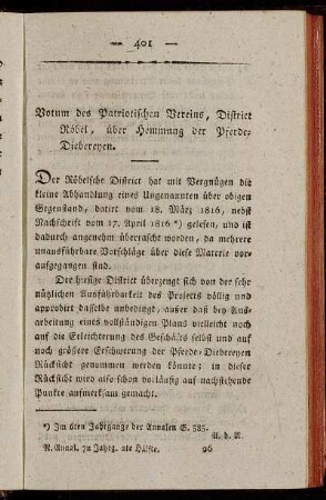 Votum des Patriotischen Vereins, District Röbel, über Hemmung der Pferde-Diebereyen