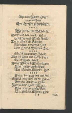 I. Allgemeine Jammer-Klage/ wegen des Todes Des Grossen Chrufürsten.