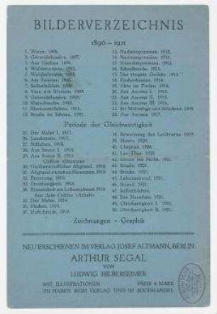Einladungskarte der Kunsthandlung Josef Altmann an Hannah Höch. Berlin. Briefkopf: "JOSEF ALTMANN / Kunsthandlung und Antiquariat [...]" Einladung zur Retrospektivausstellung von Arthur Segal.