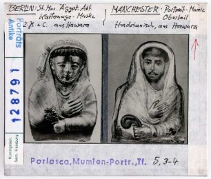 Mumienmasken. Kartonagemaske aus Hawara, 2. Jhd., Berlin, Ägypt. Museum (links). Kartonage aus Hawara, Anf. 2. Jhd., Manchester.