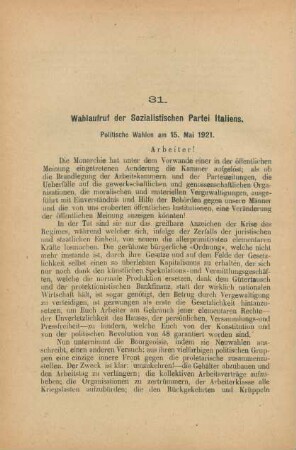 31. Wahlaufruf der Sozialistischen Partei Italiens.