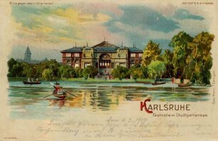 Postkartenalbum mit Motiven von Karlsruhe. "Karlsruhe. Festhalle mit Stadtgartensee". Stadtgartensee mit Eingangsbereich der Festhalle