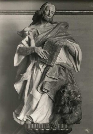 Sachsen. Linz. Apostel Markus. Steinfigur am Altar in der Kirche, um 1680