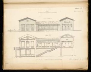Bahnstation Monatskonkurrenz September 1869: Aufriss Seitenansicht, Längsschnitt; Maßstabsleiste