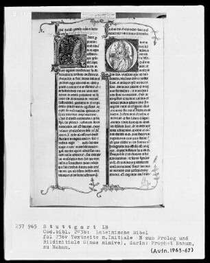 Lateinische Bibel, drei Bände — Initiale O (nus ninive) mit dem Propheten Nahum, Folio 236verso