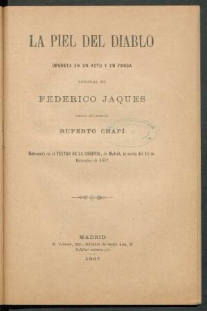 La piel del diablo : opereta en un acto y en prosa