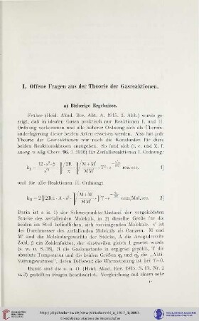 I. Offene Fragen aus der Theorie der Gasreaktionen