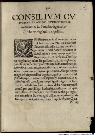 Consilivm Cvivsdam Ex Animo Cvpientis Esse consultum & R. Pontificis dignitati, & Christianae religionis tranquillitati