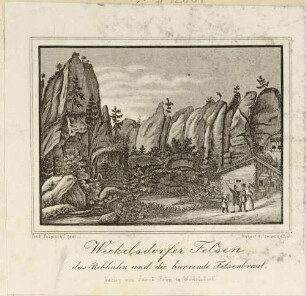 Die Felsen Rebhuhn und die harrende Felsenbraut in der Adersbach-Weckelsdorfer Felsenstadt (Adršpašsko-Teplické skály) im nordöstlichen Teil Böhmens, aus dem Sammelwerk Beschreibung vom Felsenthal bei Weckelsdorf