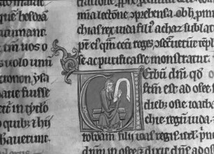 lateinische Bibel — Initiale V (erbum) mit dem Propheten Hosea, Folio fol. 98 v