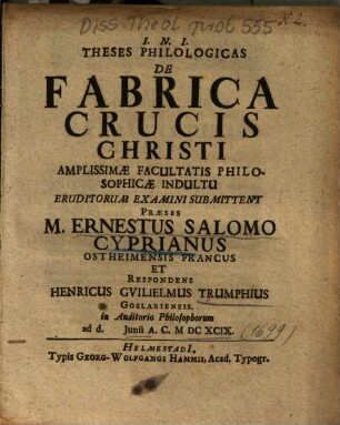 Theses Philologicas De Fabrica Crucis Christi