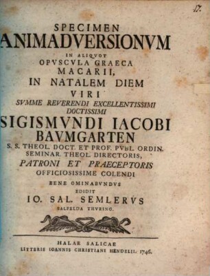 Specimen animadversionum in aliquot opuscula graeca Macarii