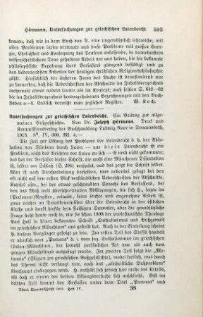 593-594 [Rezension] Hörmann, Joseph, Untersuchungen zur griechischen Laienbeicht