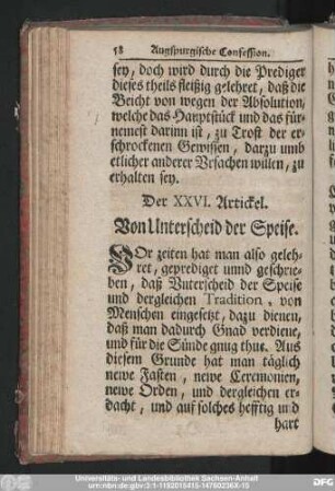Der XXVI. Artickel. Von Unterscheid der Speise.