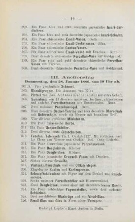 III. Auctionstag Donnerstag, den 28. Januar 1886, von 10 Uhr ab