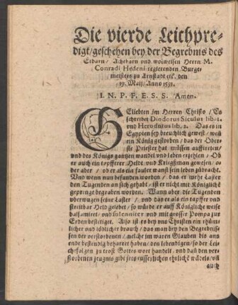 Die vierde Leichpredigt/ geschehen bey der Begrebnis des Erbarn/ Achtbarn und wolweisen Herrn M. Conradi Hedeni ...