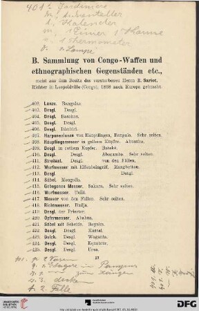B. Sammlung von Congo-Waffen und ethnographischen Gegenständen etc. (Nr. 402-640)