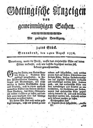 34tes Stück. Sonnabend, den 24ten August 1776.