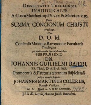 Dissertatio Theologica Inauguralis Ad Loca Matthaei cap. IV. V. 17. & Marci C.I.V. 15. Quibus Summa Concionum Christi traditur