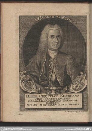 D. Ioh. Christian Kundmann Med. Vratislaviens. Caesar. S.R.I.A.C. Naturae Curiosor. Membrum Nat. An: M.DC.LXXXIV D. XXVI. Octobr.