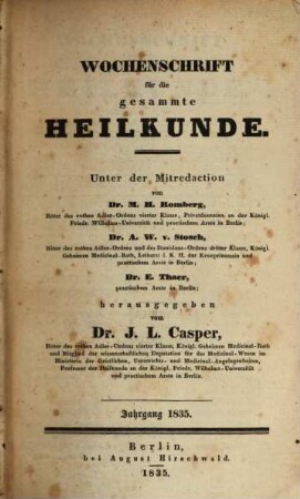 Wochenschrift für die gesammte Heilkunde. 1835, 1835