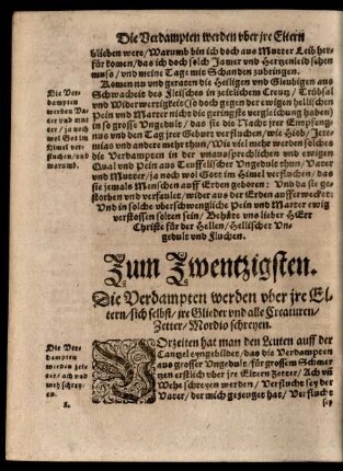 Zum Zwentzigsten. Die Verdampten werden uber ire Eltern/ sich selbst/ ire Glieder und alle Creaturen/ Zetter/ Mordio schreyen.