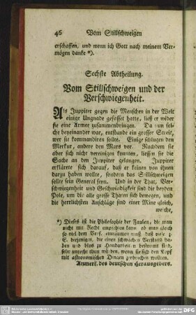 Sechste Abtheilung. Vom Stillschweigen und der Verschwiegenheit