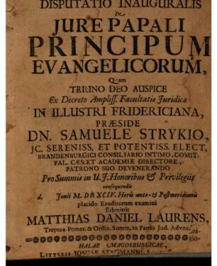 Disputatio Inauguralis De Iure Papali Principum Evangelicorum