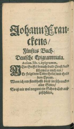 Johann Franckens/ Fünftes Buch. Deutsche Epigrammata.