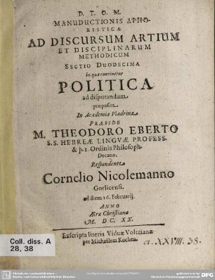 12: Politica ad disputandum proposita