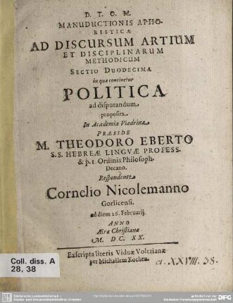 12: Politica ad disputandum proposita