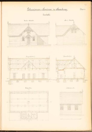 Lehrerinnenseminar, Saarburg: Turnhalle: Vorderansicht, Rückansicht, Seitenansicht, Längsschnitt, Querschnitt, Grundriss EG