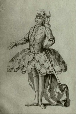 Venturo Rocchetti, genannt Venturini, als Linceo in "Ipermestra" von Metastasio und Hasse. Hoftheater Dresden, Uraufführung in Hubertusburg, 7. Oktober 1751. Federzeichnung von F. Ponte, Blatt 3 in: Vestiarium der Oper "Ipermestra". Dresden: Kupferstich-Kabinett Ca 104