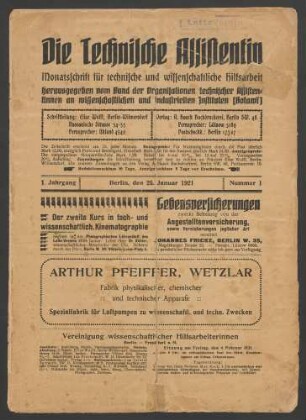 Die Technische Assistentin. Monatsschrift für technische und medizinische Hilfsarbeit. Jahrgang 1 (1921) 1-6, 9