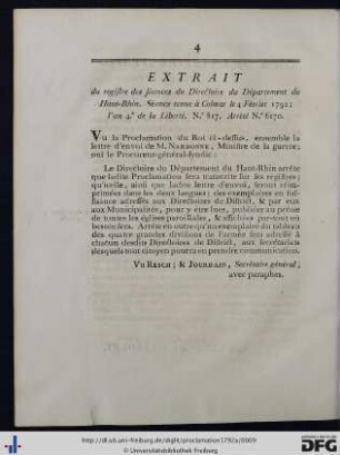 Extrait du registre des séances du Directoire du Département du Haut-Rhin.