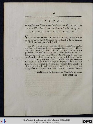 Extrait du registre des séances du Directoire du Département du Haut-Rhin.