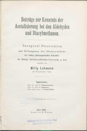 Beiträge zur Kenntnis der Acetalisierung bei den Aldehyden und Diacylmethanen
