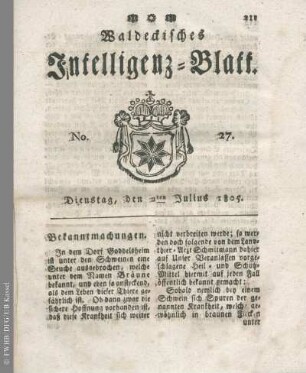 No. 27, Dienstag, den 2ten Julius 1805