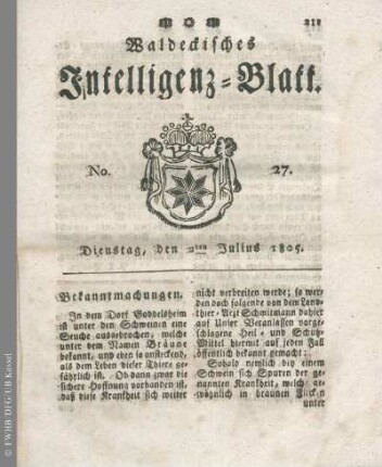 No. 27, Dienstag, den 2ten Julius 1805