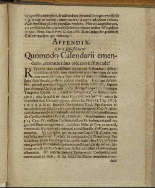 Appendix. Circa Quæstionem: Quomodo Calendarii emendario accuratioribus videatur instituenda?