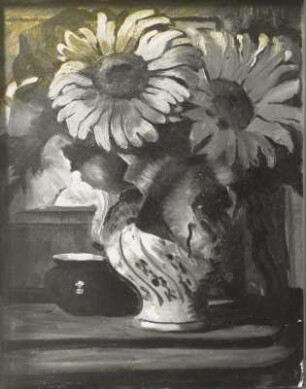 Sonnenblume mit blauer Vase : Völker, Karl: Sonnenblumen mit blauer Vase. Öl. 1915/16. Halle: Privatbesitz