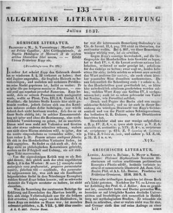 Ptolemaeus <Hephaestionis>: [Novarum historiarum ad variam eruditionem pertinentium excerpta] Ptolemaei Hephaestionis Novarum Historiarum Ad Variam Eruditionem Pertinentium Excerpta. E Photio Edidit Lectionis Varietate Instruxit Et Commentario Illustravit J. I. G. Roulez. Praefatus est F. Creuzer. Leipzig; Aachen; Brüssel: Mayer & Somerhausen 1834