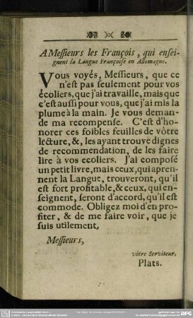 A Messieurs les François, qui enseignent la Langue Françoise en Allemagne