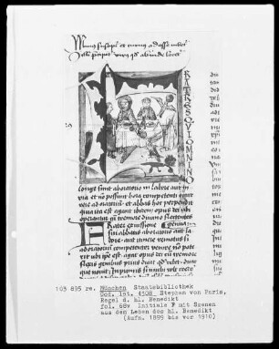 Stephan von Paris, Auslegung der Regel des heiligen Benedikt — Initiale F (ratres), darin Benedikt schickt den Raben aus, das vergiftete Brot zu entfernen, Folio 68verso