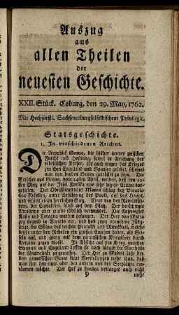 XXII. Stück. Coburg, den 29. May, 1762.